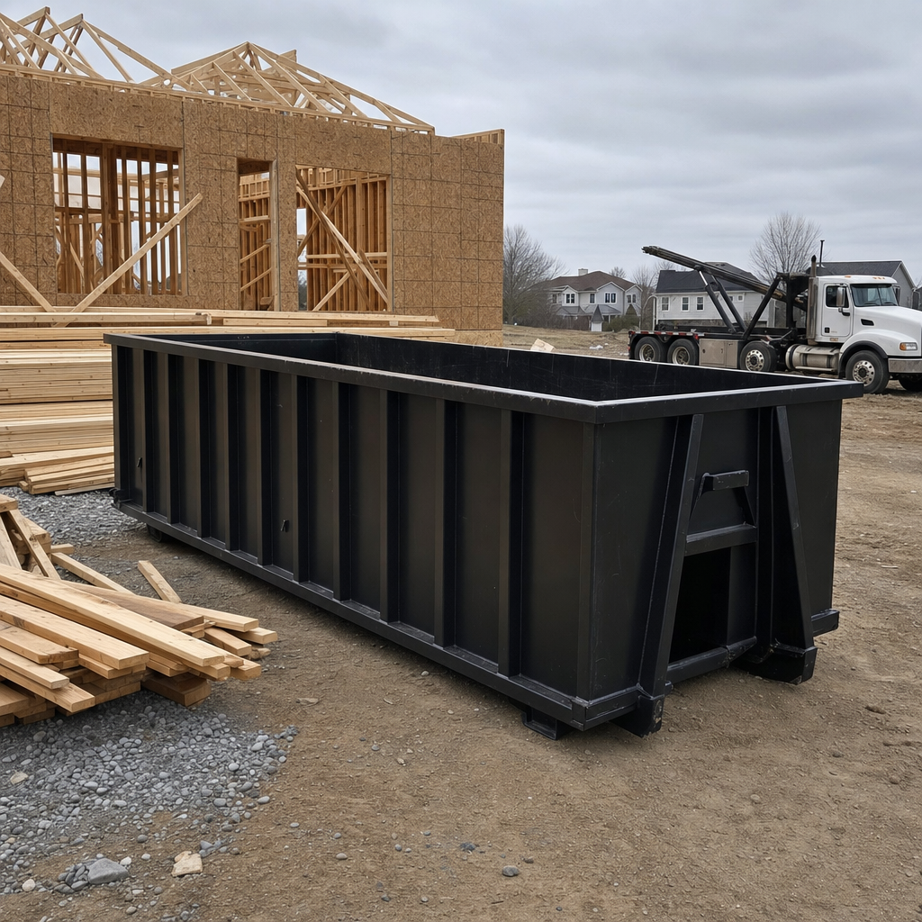 Matte-black 40-yard roll-off dumpster staged on a framed-out residential construction site in Rocky Mount, framing lumber stacked nearby, hooklift delivery truck visible in the background under bright Colorado daylight