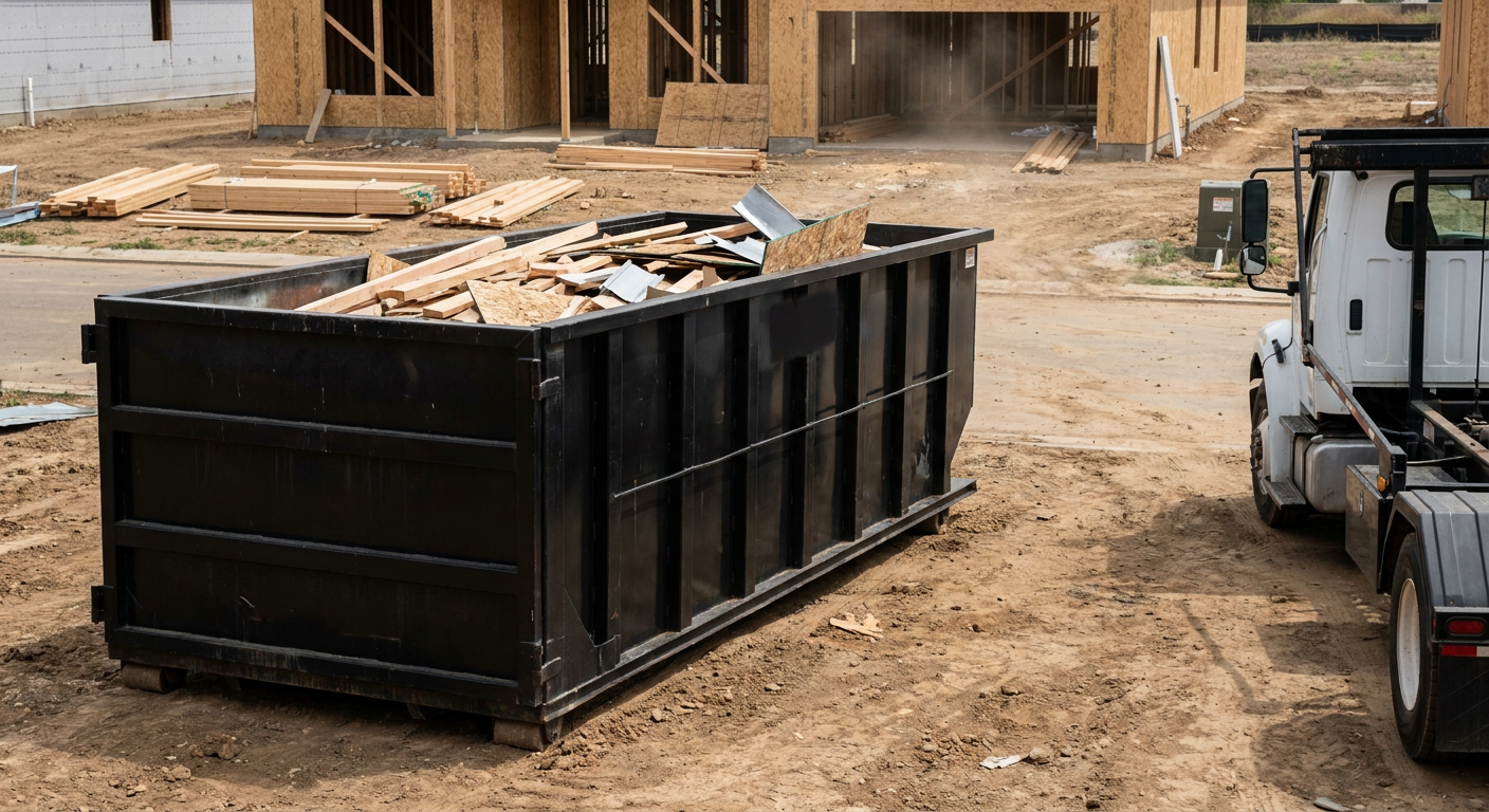 Matte-black 20-yard roll-off construction dumpster with heavy ribbed steel sidewalls and swing rear doors at a working jobsite in Rocky Mount, sitting directly on compacted dirt with an unmarked white hauler partially visible at the far edge of the frame.