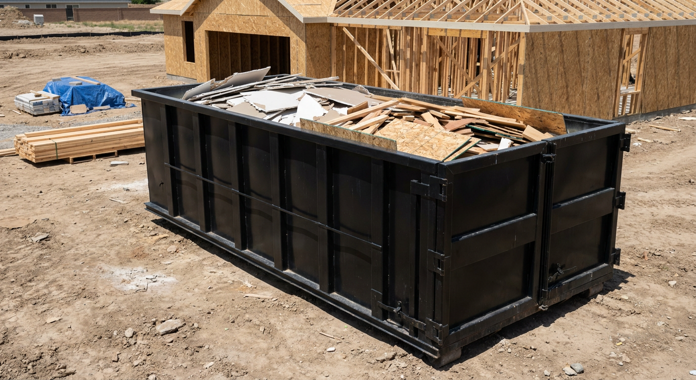 Matte-black 30-yard roll-off construction dumpster sitting directly on the compacted-dirt site of a framed single-family home build in Rocky Mount, drywall and lumber scrap loaded inside.