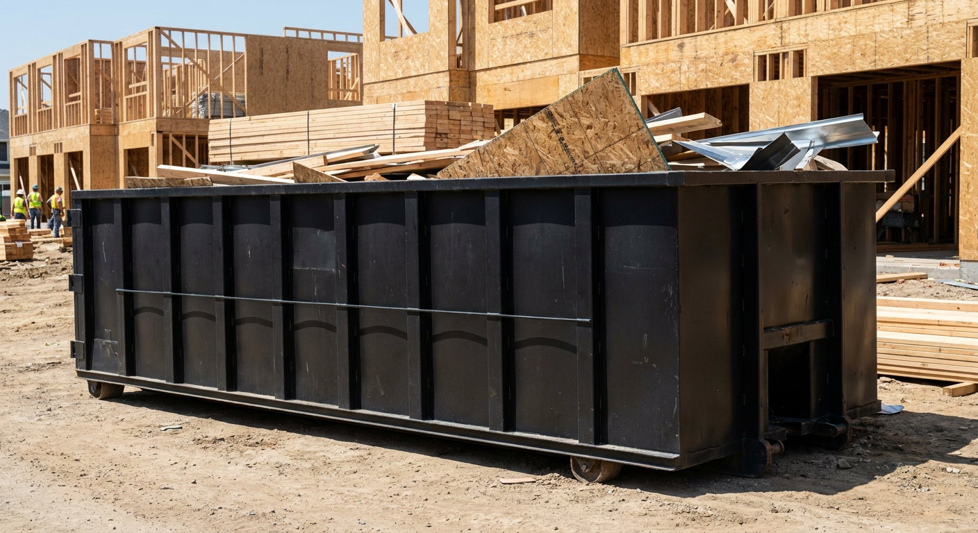 Matte-black 40-yard roll-off construction dumpster being lowered from a white-cab hooklift delivery truck onto the compacted-dirt jobsite at a commercial build site in Rocky Mount