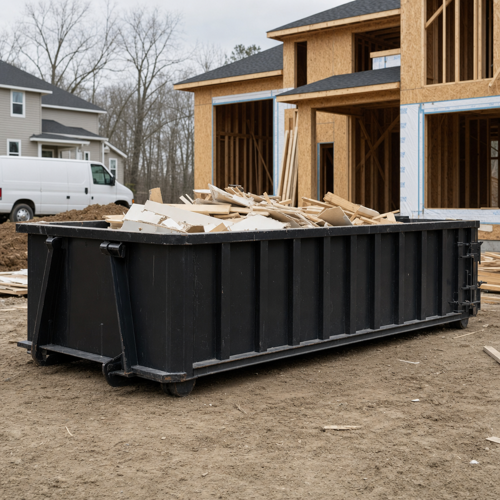 Worker in a yellow high-visibility vest tossing framing lumber and broken drywall into a matte-black 30-yard construction roll-off dumpster on an active build site in Rocky Mount, bright daylight