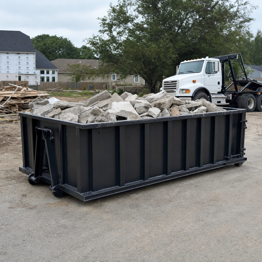 Low-profile matte-black lowboy roll-off dumpster loaded with broken concrete slab and rebar at a foundation tear-out in Rocky Mount, skid steer parked beside it, sunny Colorado morning