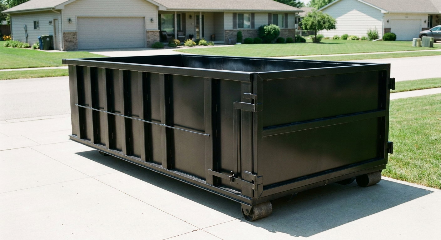 Matte-black 10-yard roll-off dumpster on a residential concrete driveway in Rocky Mount, uniformly painted matte black across every panel and rail, ribbed steel sidewalls and rear swing door visible, mid-day daylight.