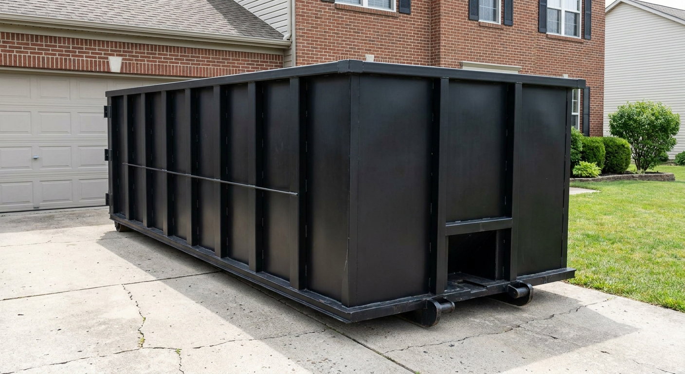 Matte-black 20-yard roll-off container on a Rocky Mount residential concrete driveway with reinforced ribbed steel sidewalls and a hinged rear walk-in door, clean bright daylight.