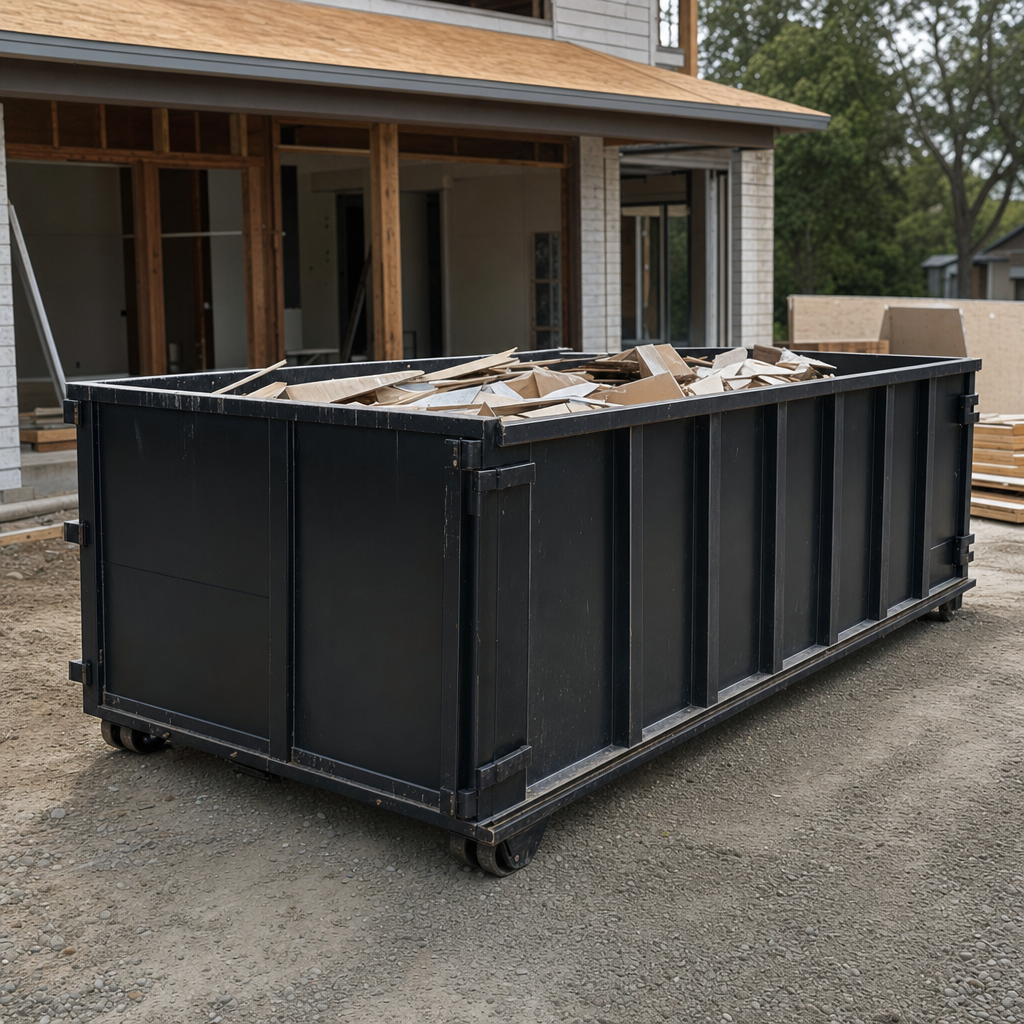 Large matte-black 30-yard construction roll-off dumpster at an active Rocky Mount jobsite, steel-gray top rails and bottom rollers visible, loaded with construction debris.