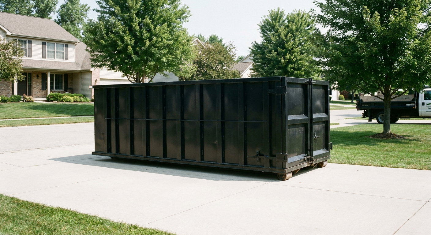 Matte-black 20-yard roll-off dumpster sitting level on a clean Rocky Mount residential concrete driveway under bright daylight, demonstrating clean placement directly on the concrete.