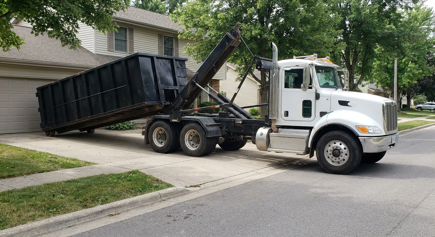 White-cab hooklift roll-off truck actively lowering a matte-black dumpster onto a Rocky Mount residential concrete driveway, the dumpster's rear wheels touching the driveway as the hoist arm tilts the bed forward, mid-morning daylight.
