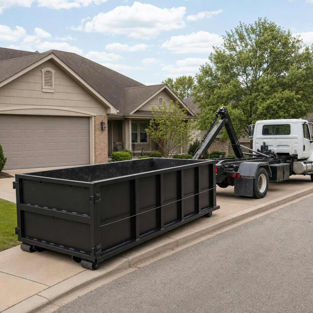 Wide documentary shot of a matte-black roll-off dumpster on a Rocky Mount residential driveway in the foreground and a contractor jobsite container in the soft-focus background, bright daylight, calm and orderly composition.