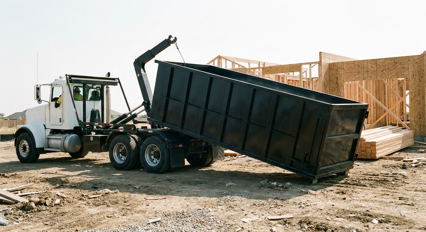 Matte-black roll-off dumpster being delivered onto a clean residential concrete driveway in Rocky Mount by an unmarked white hooklift hauler truck, bright morning daylight, documentary 35mm perspective.