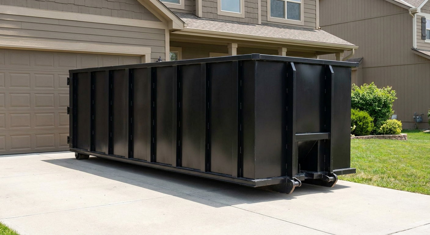 Matte-black residential roll-off dumpster sitting directly on a suburban Rocky Mount concrete driveway, garage door closed, single-family home in background, bright morning daylight.