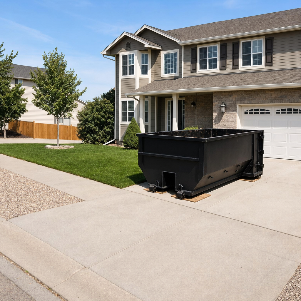 10-yard matte-black residential dumpster placed directly on a narrow Rocky Mount concrete driveway, room remains for a parked sedan beside it, mid-morning natural light