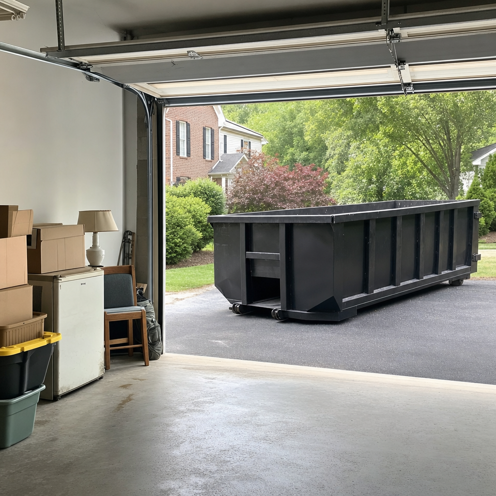 Open garage interior in a Rocky Mount home mid-cleanout — boxed items, an old appliance, and stacked yard tools queued near the driveway for a matte-black roll-off dumpster, organized and calm