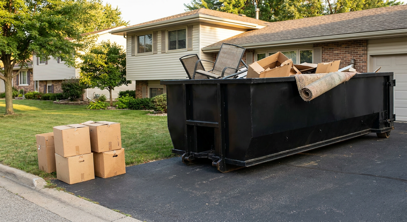 Front-yard view of a Rocky Mount split-level home with a 20-yard matte-black roll-off dumpster sitting directly on the asphalt driveway, a few clearly labeled donation boxes staged at the curb, calm sunny afternoon.