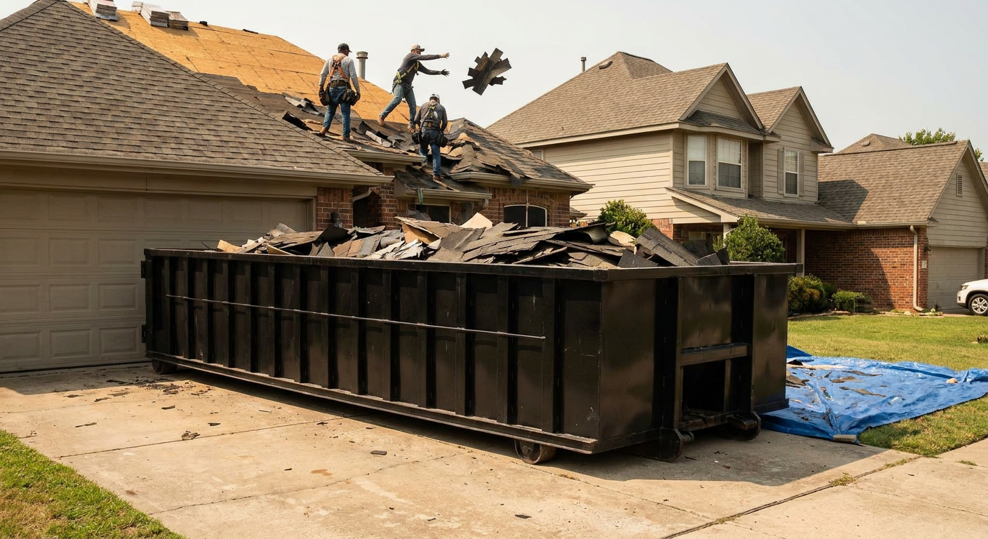 Matte-black roofing roll-off dumpster placed directly on a Rocky Mount residential concrete driveway, a tear-off crew on a two-story asphalt-shingle roof tossing shingle bundles into the low-walled container, bright daylight, documentary 35mm perspective.