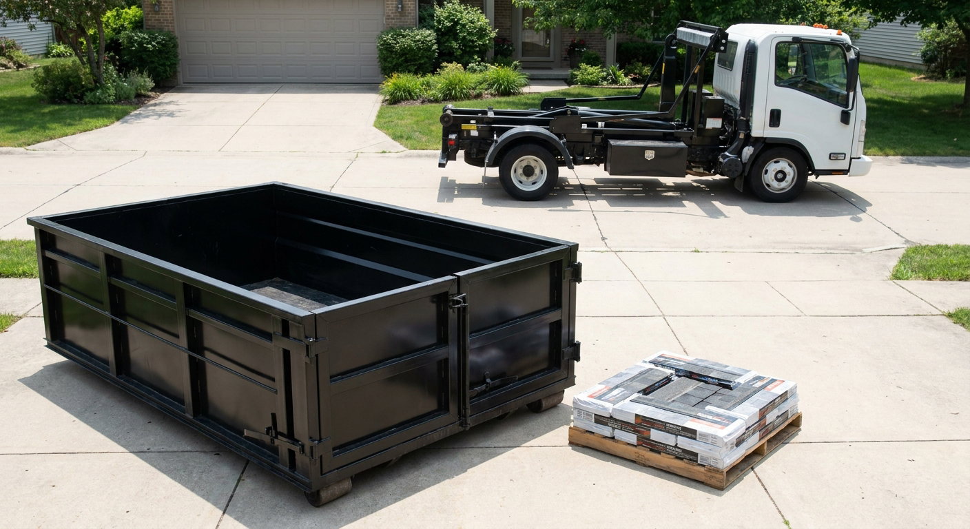 Matte-black 15-yard roofing roll-off dumpster with reinforced low side walls sitting directly on a Rocky Mount residential concrete driveway, three-tab asphalt shingle bundles stacked nearby, an unmarked white hauler truck partially visible at the edge of the frame.
