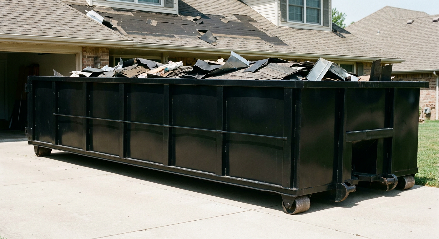 Matte-black 20-yard roofing roll-off dumpster with steel ribbed sides and swinging rear door, sitting directly on the concrete driveway of a two-story Rocky Mount home, asphalt shingle debris being loaded over the low wall, clean documentary lighting.