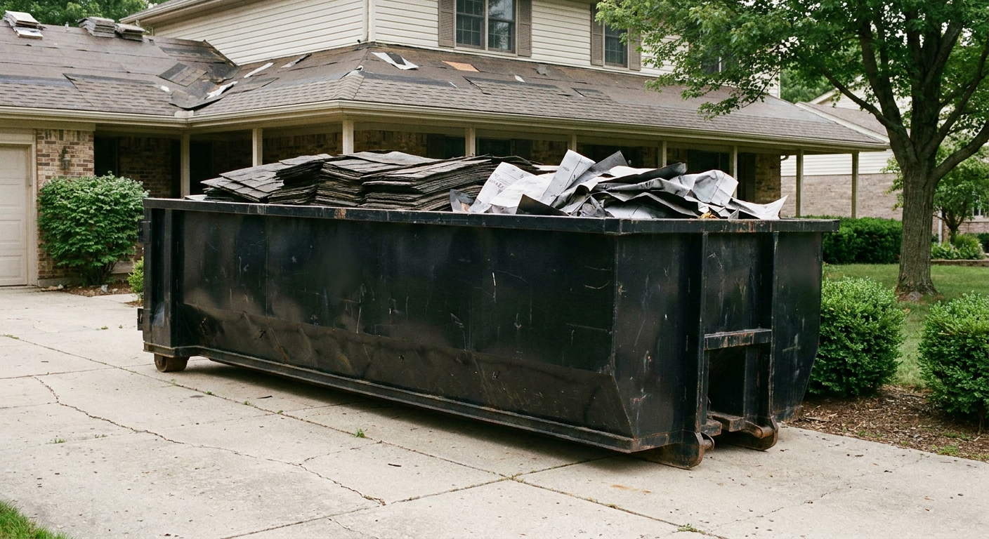 Matte-black 30-yard roofing roll-off dumpster sitting directly on a Rocky Mount concrete driveway, taller ribbed steel side panels, mixed tear-off debris of asphalt shingles and underlayment inside, professional documentary daylight.