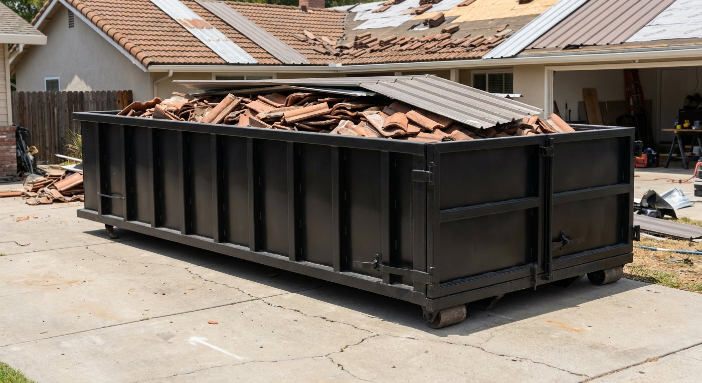 Matte-black low-wall heavy-debris roofing roll-off dumpster sitting directly on a Rocky Mount concrete driveway, broken concrete clay roof tiles and metal panel sections loaded inside, reinforced ribbed steel side walls visible, bright outdoor daylight.