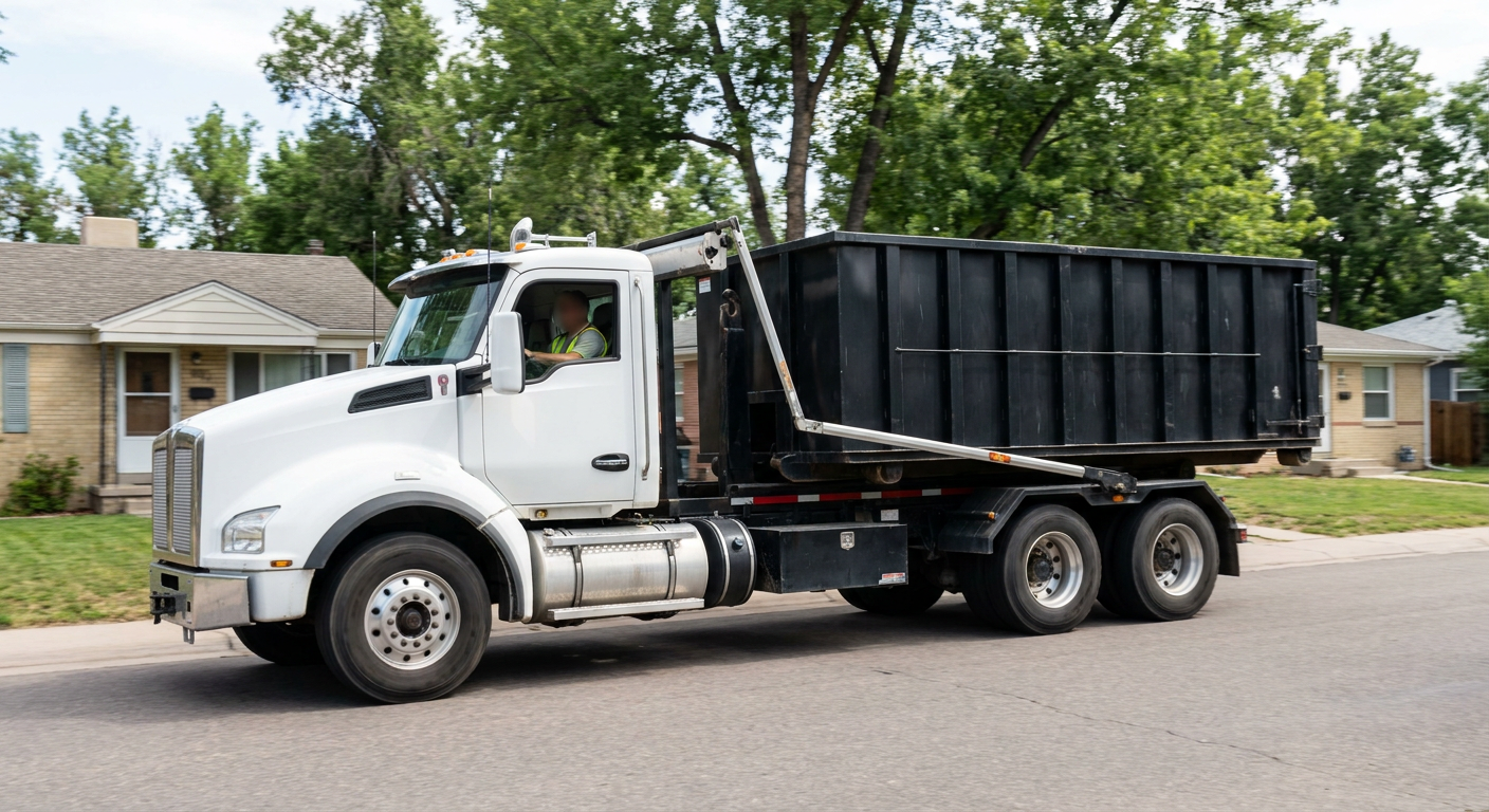 A wide documentary shot of a matte-black roll-off delivery truck pulling onto a quiet Rocky Mount residential street at mid-morning, with neighborhood rooftops and tree-lined blocks visible behind, showing the metro coverage footprint.