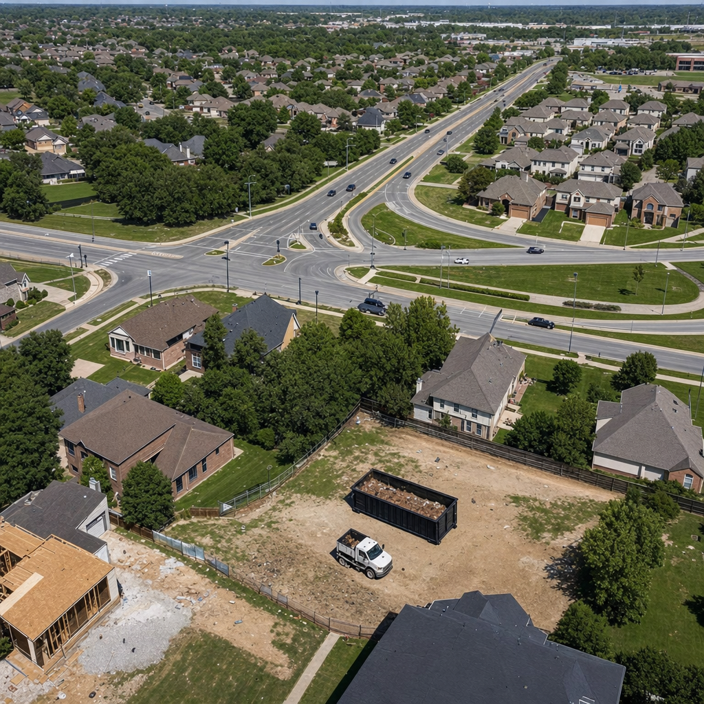An overhead documentary view of the Rocky Mount metro area at midday, showing the spread of neighborhoods, arterial roads, and the dispatch radius from a central yard — clean daylight, organized geographic layout.