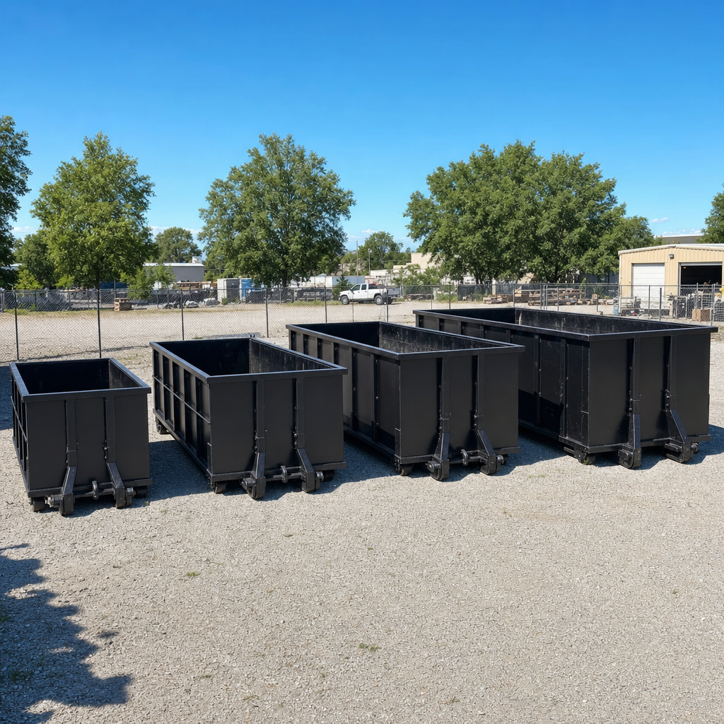 A clean lineup of matte-black roll-off dumpsters in 10, 20, 30, and 40-yard sizes staged on a sunlit gravel yard in Rocky Mount, showing the size progression from compact to commercial-scale containers.