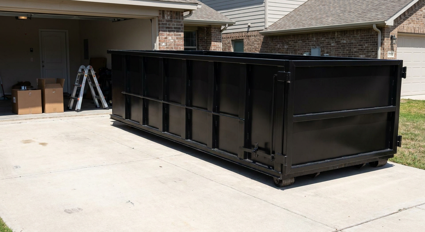 A matte-black 10-yard roll-off dumpster sitting directly on a residential Rocky Mount concrete driveway, mid-day sunlight, clean and ready for a garage cleanout.