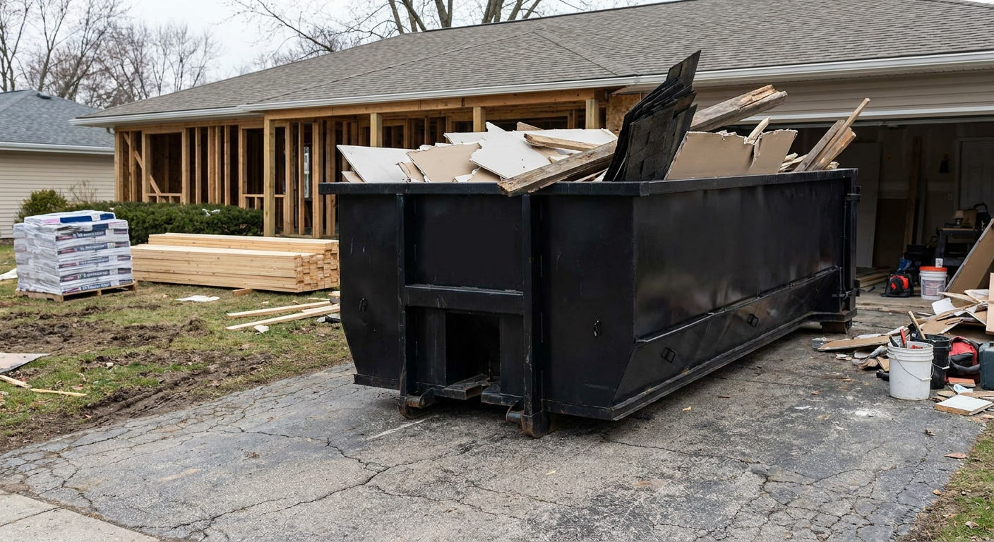 A matte-black 20-yard roll-off dumpster placed alongside a mid-renovation Rocky Mount home directly on the asphalt driveway, with framing materials and torn-off shingles staged neatly nearby.