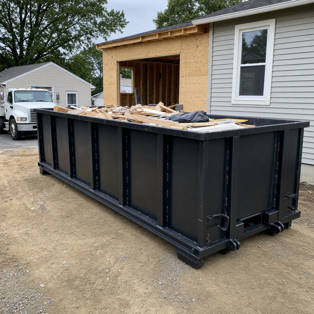 A matte-black 30-yard roll-off dumpster positioned at a Rocky Mount residential addition jobsite, with framing lumber and drywall scraps loaded through the open swinging rear doors.