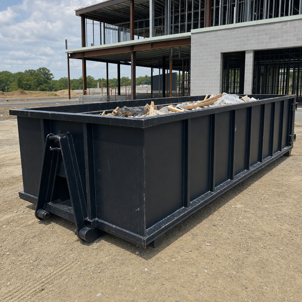 A matte-black 40-yard roll-off dumpster staged on a large Rocky Mount commercial construction lot, with a hooklift delivery truck parked alongside under bright midday sky.