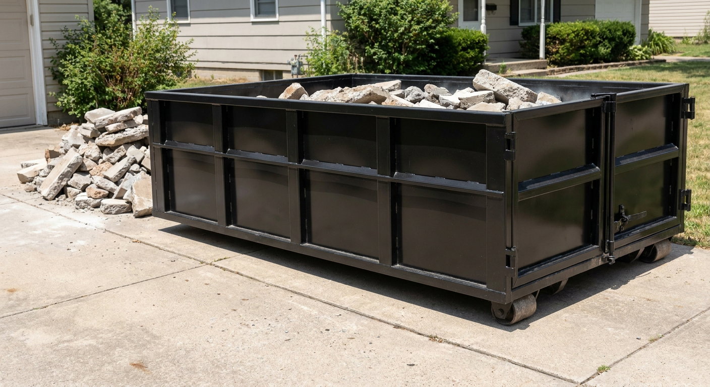 A matte-black low-side heavy-debris roll-off dumpster placed directly on a Rocky Mount concrete driveway, with broken concrete chunks neatly stacked beside it under clean daylight.